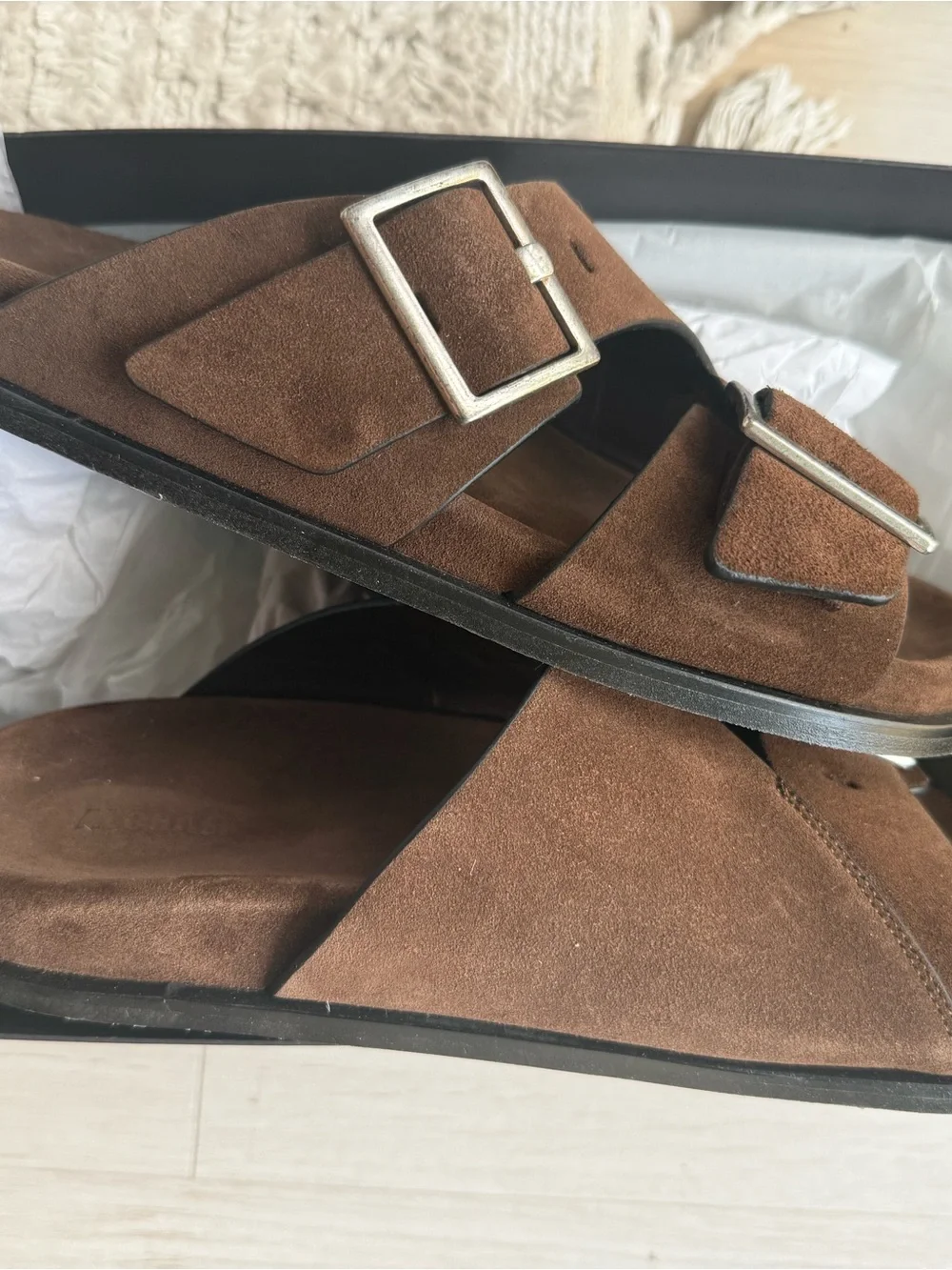 ALOHAS Brown Suede Adjustable Buckle Slide Sandals